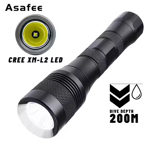 Asafee 200M Diving Flashlight L2 LED Underwater 1050LM Scuba Dive Torch IP68 Waterproof Rating Recha