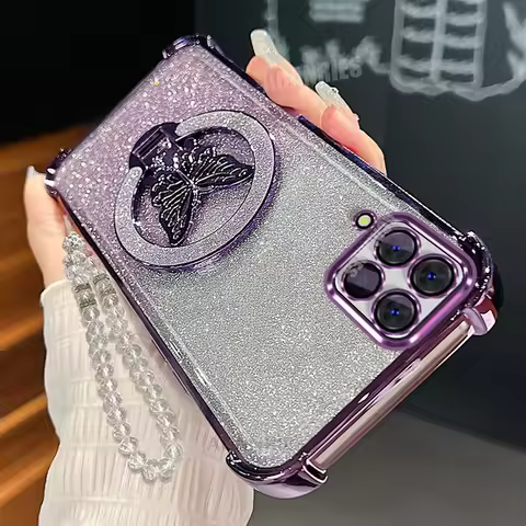 A 12 22 Lanyard Butterfly Holder Case For Samsung Galaxy A12 A22 4g 5g Glitter Shockproof Protect Pl