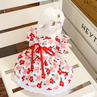 Female Shihtzu Dog Clothe Fly Sleeve Skirt with Bow Cat Woman Costume Red Dress Pet Dress Set