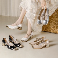 Square Toe Mary Jane Shoes Shallow Mouth Thick Heel Shoes Temperament French Mary Jane Shoes Silver