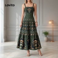 Lovito Gaun Hijau Tentera Resort Tekstur Elegan Musim Bunga/Panas untuk Wanita LK6ED539