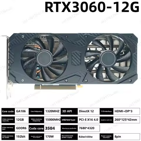 RTX 3060 12G GDDR6 Graphics Card PCIe 4.0 Ray Tracing DLSS Gaming GPU Desktop PC