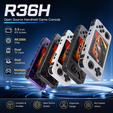 R36H Handheld Retro Game Console 3.5 Inch HD Screen Dual TF Card Slot 64-bit Quad Core Portable Vide