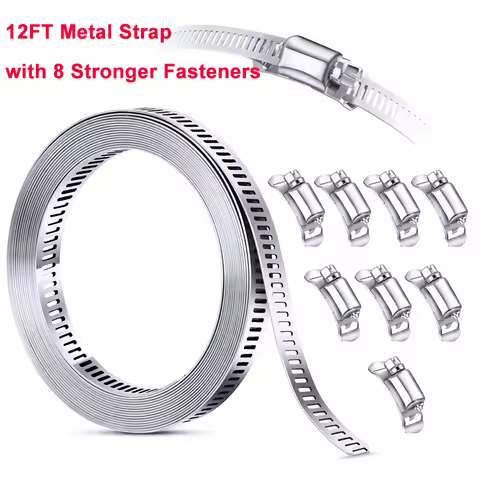 NEW 304 Stainless Steel 3.5M Hose Clamp Strap with 8 Fasteners Worm Clamp Adjustable Worm Gear Pipe 