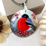 Pearl pendant necklace: Winter Red Bird. Handmade jewelry with Bulfinch birdy