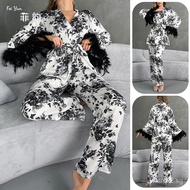 E-commerce Hot Sale Women's Ink Painting Floral Nightgown Sexy Feather Cardigan Loungewear Bathrobe 