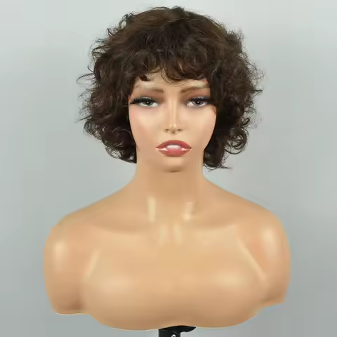 Brown Short Curly Pixie Cut Wigs #2 Pixie Cut Human Hair Wigs For Women Remy Glueless Wigs Dark Brow