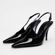 Zara2024 Spring New Product Women's Shoes Black Fashion Pointed Toe Slingback Stiletto Mules Flat Buckle Strap Sandals