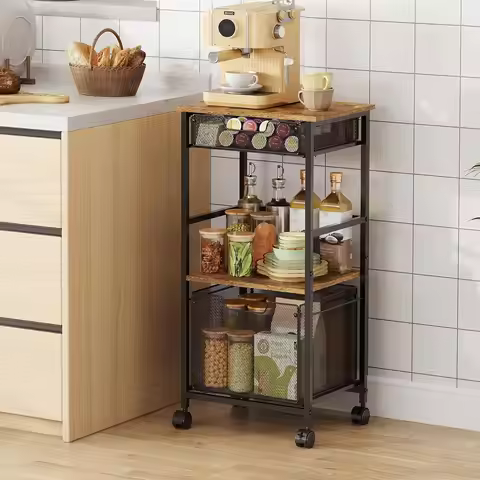 4-Tier Rolling Kitchen Cart with Lockable Wheels, Multifunctional Storage Organizer for Small Spaces