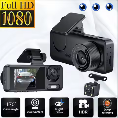1080P WiFi Dash Cam HD Car DVR with IR Night Vision Triple Lens Car Camcorder Front Rear Inside Moti