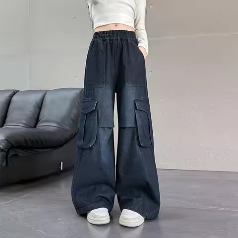 Brief Style Children Cargo Jeans Pants with Side Pocket for Teen Girls 4 to 14 Years Old Kids New De