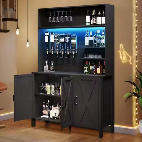 Tall Liquor Cabinet With LED Light, Wine Bar Cabinet w/ 6-Bottle Dispenser & Wine Rack, Farmhouse Ki