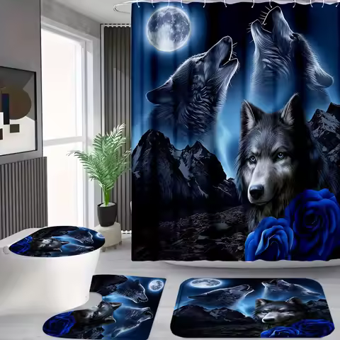 4Pcs Howling Wolf Shower Curtain Set with Hooks, Blue Moon Mountain Rose Print Waterproof Mildew Res