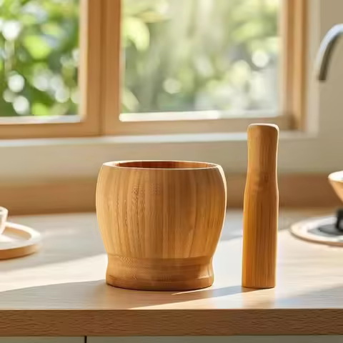 Bamboo Mortar and Pestle Wooden Mortar and Pestle Seasoning Grinder Natural Garlic Crusher Manual fo
