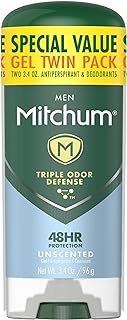 Men's Deodorant by Mitchum, Antiperspirant, Triple Odor Defense Gel Stick, 48 Hr Protection, Dermatologist Tested, Alcohol Free, Unscented, 3.4 Oz (Pack of 2)