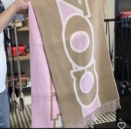 Coach 雙面羊毛圍巾 頸巾 大logo 奶茶色粉色 原價800幾