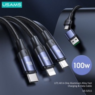 [ร้อน] สายเคเบิ้ล USAMS 100W 6A 3 In 2 USB A C To Lightning Type C สายเคเบิ้ล QC PD ชาร์จเร็วสายสำหรับ iPhone 13 12 11 Pro Max Xiaomi Huawei