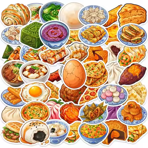 50pcs Chinese Food Diary, Non-duplicate Chinese Brunch Snack DIY Material Stickers
