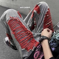 ins loose red line ripped jeans for men oversized street pants