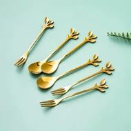Leaf-Shaped Cake Spoon Fork / Leaf Tea Gold Spoon / Leaf Tea Gold Fork