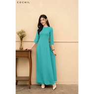 COCHIL traditional ao dai with round neck, short sleeves, embellished with pearls, made of turquoise