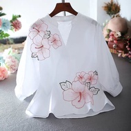 🍄Ready Stock Summer Women Loose Embroidered Flower Shirt 3/4 Sleeve Korean Style Plus Size White Blouse Putih Murah Baju Kemeja Perempuan Blause Wanita Clothes Women