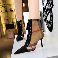 Small Size 34-40 Short Boots Suede Pointed Toe Stiletto High Heel Korean Version Plaid Color Matchin