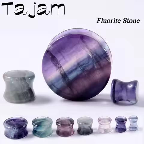 1Pair Natural Fluorite Stone Double Solid Flared Plug Ear Tunnel Gauge Aurora Stone Ear Expander Wei