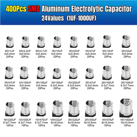 400PCS capacitor kit Aluminum Electrolytic SMD condensadores electrolíticos 1uF~1000uF 6.3V-50V 24Va
