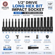 1/2" Drive Long Hex Bit Impact Socket – H4 to H19