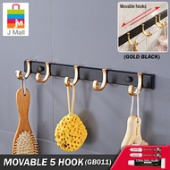 J MALL [GB011] GOLD BLACK Wall Mounted Bathroom Bedroom Accessories / 5 HOOK REMOVABLE Coat Towel Cl