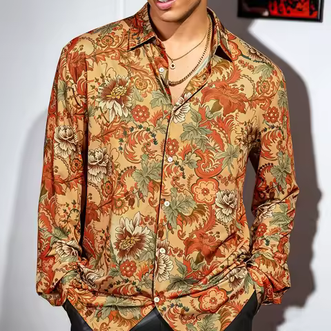 Men's Collared Slim-Fit Long-Sleeved Shirt, Caramel All-Over Floral Print, Flowy Blouse, Vacation Ca