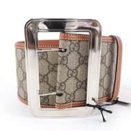 全新未使用☆GUCCI 718505 GG Supreme 寬腰帶ブラウン80-32 附防塵袋 義大利製造 女士