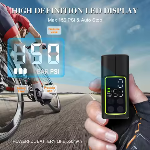 Bike Electric Air Pump,Portable MiNi Tire Inflator 150 PSI High-Pressure Pump with Digital Gauge for