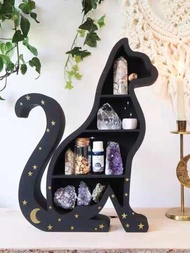 1入組創意黑色可愛貓木頭三層水晶石頭架子,家庭,客廳,臥室,辦公室桌面裝飾用品,天然水晶石頭架子