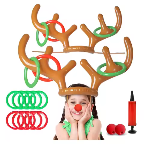 Christmas Inflatable Reindeer Antler Ring Throwing Game Set, Including 2 Antler Hats, 10 Rings, Red 