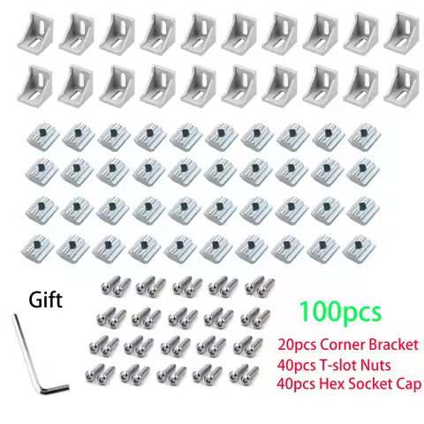 100pcs 2020 Aluminum Profile Connector Set 20pcs Corner Bracket+40pcs 20 Series M5 T-slot Nut+40pcs 