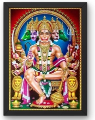 Hindu Religious Framed Photo Panchmukhi Hanuman on Top of a Lion - Wall Decoration & Prayer Roo Moun