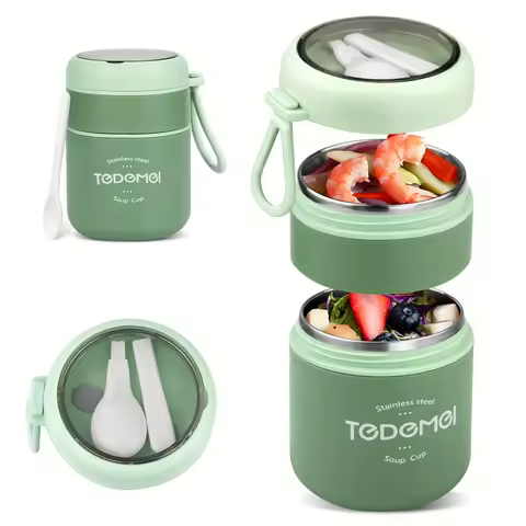 Stainless Steel Insulated Lunch Box with Foldable Spoon - Leak-Proof Design for Office Camping & Pic