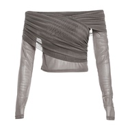 Kliou Pure Desire Phong Cách Châu Âu Áo Thun Chéo Một Vai Lưới Áo Thun Dài Tay Nữ Ôm Vừa Vặn Belly露á