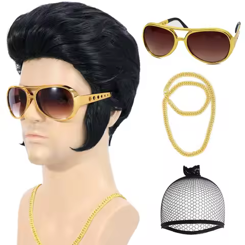 Synthetic 4pcs Set 50s Rock Wig with Sunglasses and Necklace for Men Elvis Cosplay Wig Singer Rocker