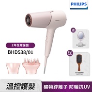 送雙面鏡+氣墊按摩梳(Philips飛利浦BHD538/01智能護髮礦物負離子吹風機(玫瑰粉霧)