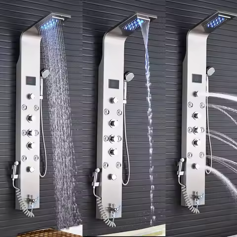 Bathroom LED Light Shower Faucet Waterfall LED 6 Functions Shower Panel Column Waterfall Shower Pane