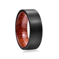 BONLAVIE 8mm Width Tungsten Carbide Ring Black Brushed Surface Wooden Inner Ring Tungsten Steel Wedd
