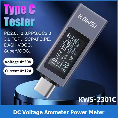 KWS-2301C Type C Tester DC 4-30V 0-12A Digital Voltmeter Amperimetro Current Voltage Meter Power Ban