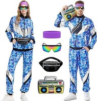 80er 90er Jahre Outfit Herren Damen, Kostüm 80s Tracksuit Disco Jacke und Hose, 80s 90s Retro Anzug 