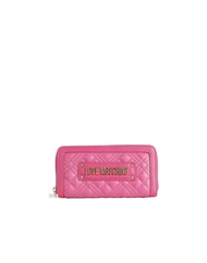 Fuchsia quilted wallet with metal lettering logo applied on the front. Interior divided into two com