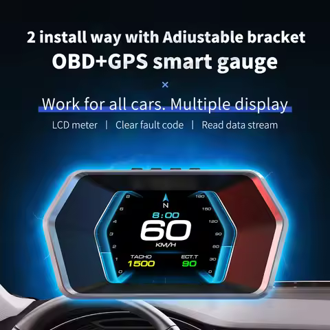 P17 HUD Car OBD2+GPS Head-up Display LCD Digital GPS Speedometer OBD Temperature Displays Dual Smart