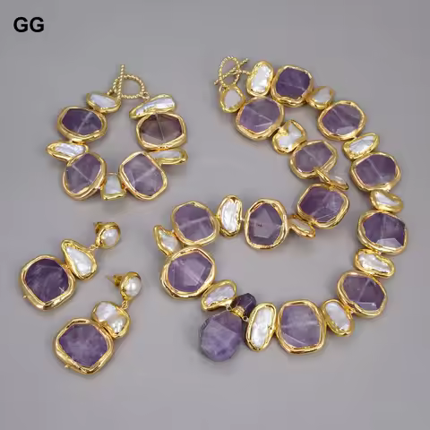 GuaiGuai Jewelry Natural Freshwater White Biwa Pearl Green Nugget Amethysts Gold Plated Pendant Neck