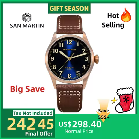San Martin 42mm Retro Men Diver Watch CuSn8 Bronze Leather Strap Automatic Mechanical Wristwatch Lum